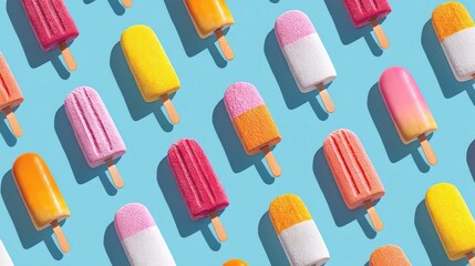 Colorful popsicles arranged in a creative pattern on bright blue background, refreshing summer concept, sweet frozen dessert, minimal design and fun vibe.