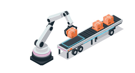 Automated robotic arm loading boxes on conveyor in modern warehouse