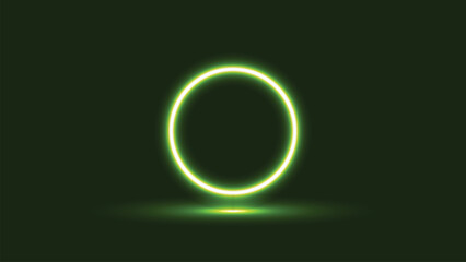 A glowing neon green oval portal or gateway emitting light against a dark moody and atmospheric background with subtle reflections on the surface below