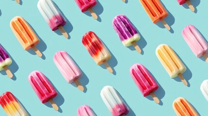 Colorful popsicles arranged in a creative pattern on bright blue background, refreshing summer concept, sweet frozen dessert, minimal design and fun vibe.
