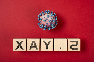 coronavirus and variant XAY.2 variant on a red background