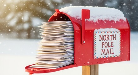 A red mailbox full of letters to Santa Claus in the snow. North Pole mail during a winter snowfall. Christmas holiday tradition and hope concept