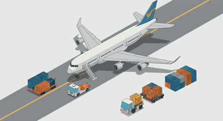 Isometric airplane unloading cargo at airport with trucks and containers