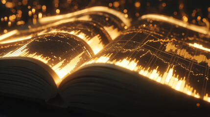 Generating glowing financial graphs and charts in a book, showcasing data analysis and insights