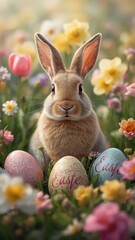 Adorable fluffy bunny sits among colorful easter eggs and spring flowers