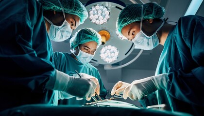 An intense, focused surgical team of three performing a procedure in an operating room under a bright surgical light.