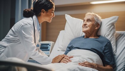 Fototapeta premium Kind female doctor reassuring a smiling elderly male patient in a hospital bed, gently touching his hand with an empathetic expression.