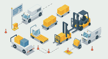 Isometric warehouse logistics with trucks and forklifts in operation