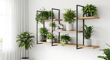 Biophilic home decor concept with numerous green plants on industrial-style floating shelves against a white wall