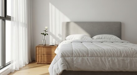 Serene Bedroom Interior with Natural Light and Minimalist Design Elements