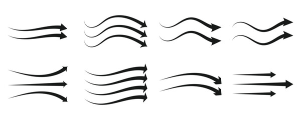 Set of black and arrow showing air or wind flow. Air conditioner direction. Isolated on white background .