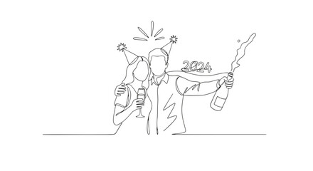 Line art of a couple celebrating new year 2024 with champagne and party hats in black and white style
