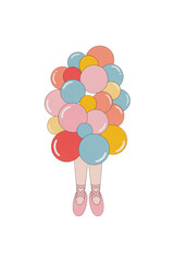 Ballet dancer floating with colorful balloons isolated on transparent background