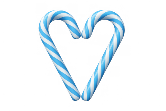 Blue and white striped candy canes forming a heart shape, expressing love and sweetness on transparent background