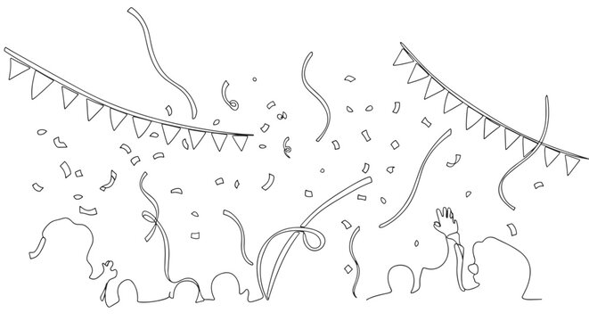Illustration of a celebration scene with party banners, confetti, and cheering crowd outlines