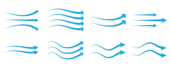 Air flow arrows. Blue cold wind stream, fresh water direction, filter and conditioner system infographic transparent movement and rotation elements. Vector arrow icons set