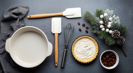 Various baking tools and ingredients are artfully arranged on a surface, creating a visually appealing composition for culinary inspiration
