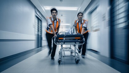 Dynamic, motion-blurred shot of two paramedics, male and female, urgently pushing a gurney down a hospital corridor during an emergency.