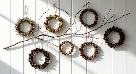 DIY autumn and winter home decor featuring a collection of rustic wreaths made from natural materials, hanging from a decorative tree branch on a white wall