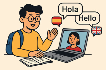 Young student learning languages online with video call and books