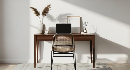 Elegant Workspace A Cozy Home Office Setup with Modern Furniture and Natural Decor