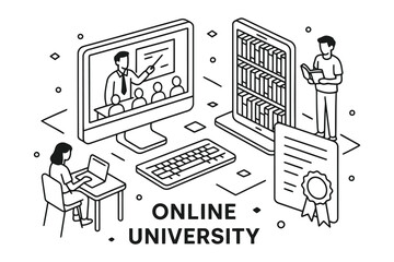Fototapeta premium Online university education concept with computer tablet students and diploma