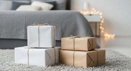 Wrapped Gifts on a Soft Carpet in a Cozy Bedroom Setting, Perfect for Special Occasions
