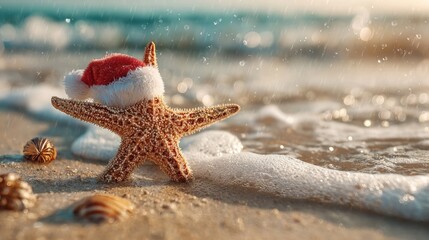 Christmas starfish wearing a Santa hat on sandy beach with seashells, festive holiday spirit, tropical beach, bokeh background, relaxing and joyful atmosphere.