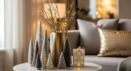 Festive Holiday Decor with Miniature Christmas Trees on a Cozy Tabletop Display