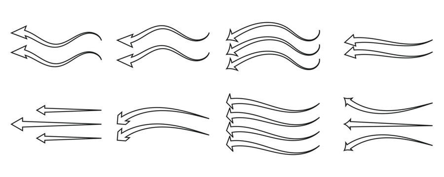 Air flow arrows set. Arrow black icon collection for showing wind direction