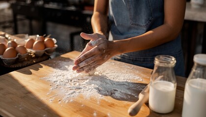 Close-up of a person's hands covered in flour, working with dough on a wooden board in a rustic kitchen with milk and eggs.