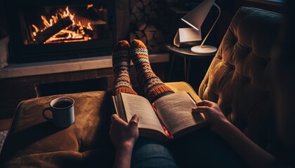 Snug indoor scene of a person wearing warm patterned socks, curled up on a couch reading a book with a mug of tea by the fireplace.