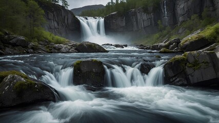 Obraz premium Langfossen (Norway) - World Waterfalls showcases its powerful cascade sweeping down steep mountainsides toward the fjord below, capturing dramatic scenery