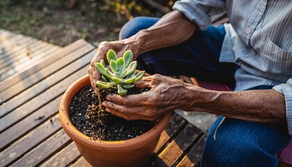 Close-up of an older woman's weathered hands gently repotting a small, vibrant succulent into a terracotta pot outdoors.