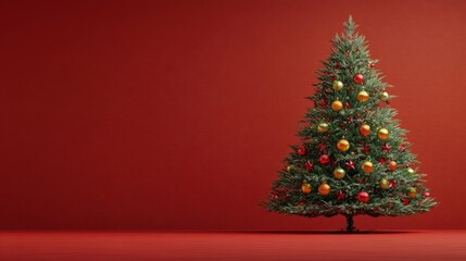 Beautifully decorated Christmas tree with golden and red ornaments, festive celebration, holiday season spirit, red background, cozy and warm atmosphere.