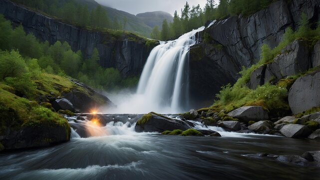 Vinnufossen (Norway) - World Waterfalls reveals its dramatic descent from glacier-fed heights, highlighting alpine scenery and the mist that shapes this cascade. - Powered by Adobe