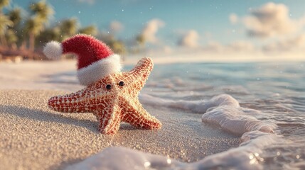 Christmas starfish wearing a Santa hat on sandy beach with seashells, festive holiday spirit, tropical beach, bokeh background, relaxing and joyful atmosphere.