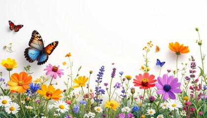 Colorful wildflowers and butterflies in full bloom against a soft gradient background, evoking springtime vibrance and natural harmony.