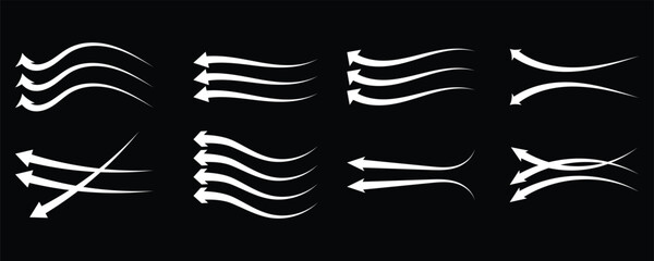 Air flow arrow. Set of arrows showing direction of air movement. Air flow isolated on white background.