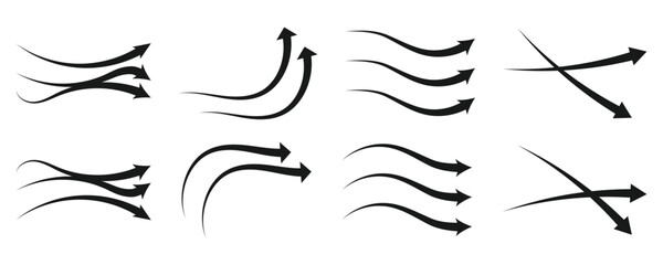 Air flow arrow. Set of blue arrow showing wind air flow. Vector set of air flow arrows. Blue air flow arrows showing wind circulation and ventilation.