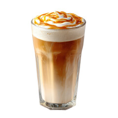 Iced caramel macchiato with whipped cream and caramel drizzle isolated on transparent background