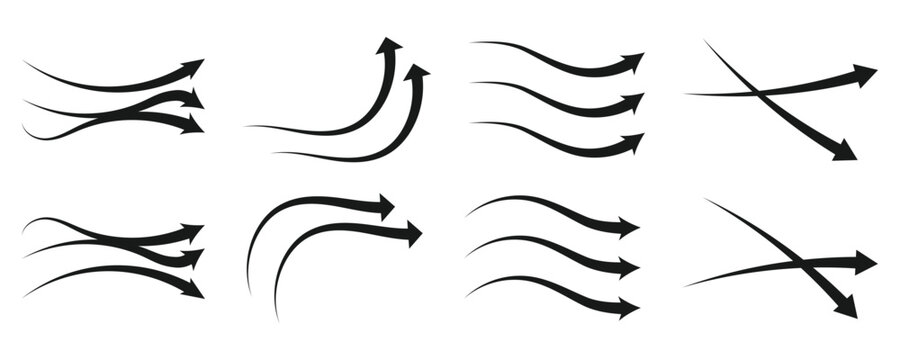 Air flow arrow. Set of blue arrow showing wind air flow. Vector set of air flow arrows. Blue air flow arrows showing wind circulation and ventilation.