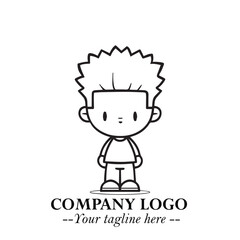 Black and White Chibi Boy Illustration with Jacket and Boots in Bold Thick Line Art Minimal Style