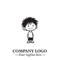 Black and White Chibi Boy Illustration with Jacket and Boots in Bold Thick Line Art Minimal Style