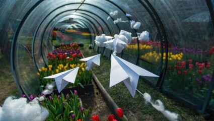 Colorful tulips bloom, paper airplanes soar. Clouds drift inside a greenhouse