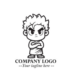 Black and White Chibi Boy Illustration with Jacket and Boots in Bold Thick Line Art Minimal Style