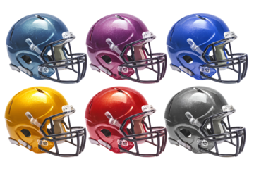 Collection of six colorful american football helmets on black background