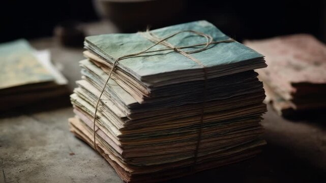 Old handwritten letters stacked neatly on a rustic table in a dimly lit room revealing a glimpse of history and personal stories