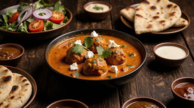 A rich and vibrant spread of cuisine on a rustic dark table a bowl of butter chicken or curry with tender meatballs in a thick, creamy tomato sauce, garnished with fresh herbs and crumbled cheese.