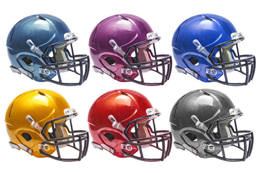 Collection of six colorful american football helmets on black background